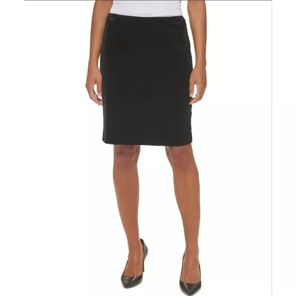 Calvin Klein Black Velvet Pencil Skirt Pinup Holiday Business Back Zip Sz 6 Pet - Picture 1 of 6